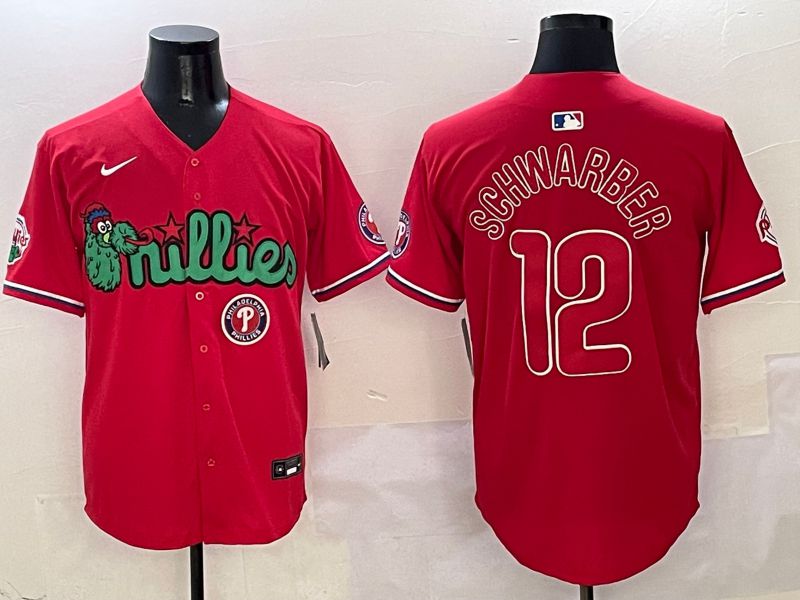Men Philadelphia Phillies 12 Schwarber Red three generations Joint Name 2025 Nike MLB Jersey style 7